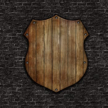 3D render of a wooden shield on a grunge brick wall texture