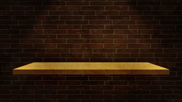 3D render of a wood shelf on a grunge brick wall