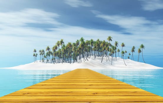 3D render of a wooden jetty leading to a tropical island with palm trees