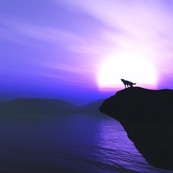 3D render of a wolf on a cliff howling against against a sunset sky