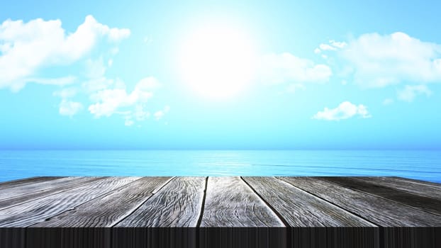 3D render of a vintage wooden table looking out to an ocean landscape