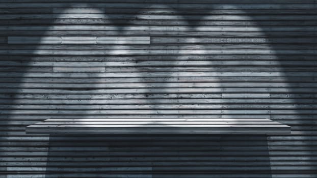 3D render of a wooden shelf on wood wall with spotlights shining down