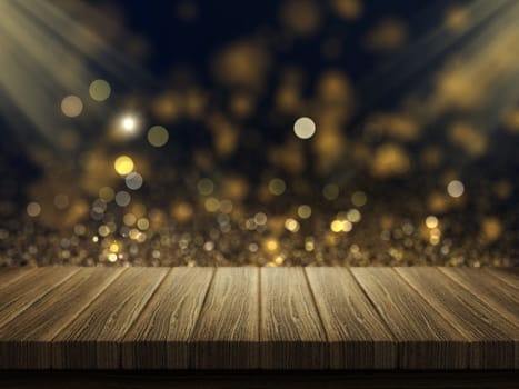 3D render of a wooden table against a bokeh lights background