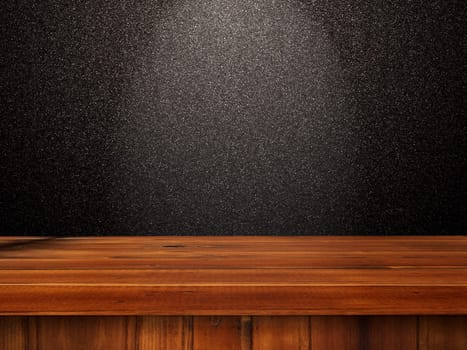 3D render of a wooden table against a black glittery wall