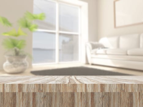3D render of a wooden table against a defocussed lounge interior