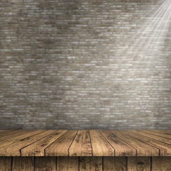 3D render of a wooden table against a defocussed brick wall texture