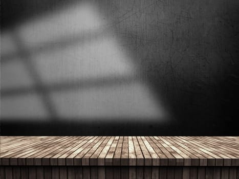 3D render of a wooden table against a grunge wall