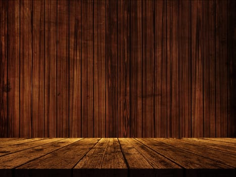 3D render of a wooden table against a wood wall texture