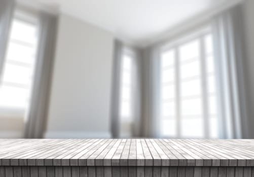 3D render of a wooden table looking out to a defocussed contemporary empty room