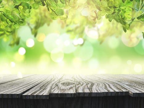 3D render of a wooden table looking out to a defocussed sunny landscape