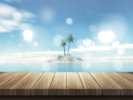 3D render of a wooden table looking out to a defocussed tropical palm tree island
