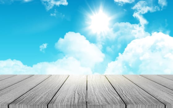 3D render of a wooden table looking out to a sunny sky