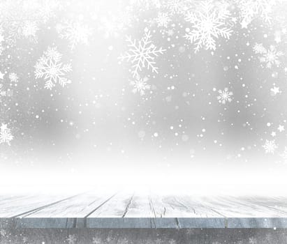 3D render of a wooden table with Christmas snowy background