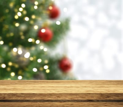 3D render of a wooden tale looking out to a defocussed Christmas tree