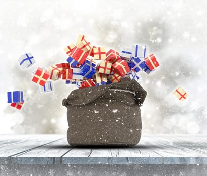 3D render of a wooden table with Christmas sack full of gifts