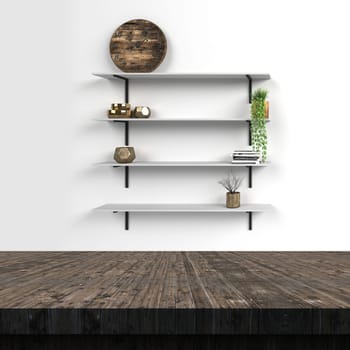 3D render of a wooden table with shelves on white wall