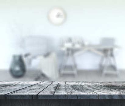 3D render of a wooden table with defocussed room interior