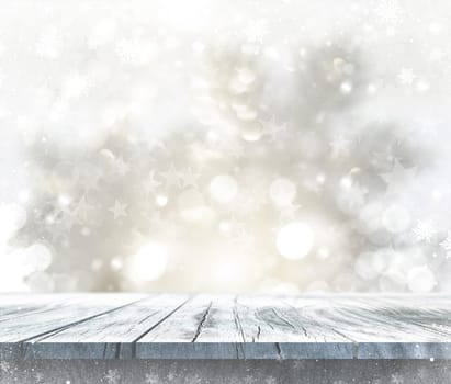 3D render of a wooden table with Christmas background