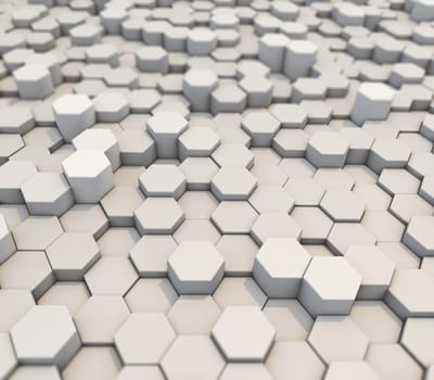 3D render of an abstract background of extruding white hexagons with shallow depth of field