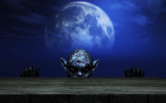 3D render of a zombie looking over a wooden table against a moonlit sky