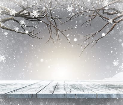 3D render of a wooden table with Christmas background
