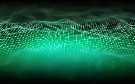 3D render of an abstract background with a digital wireframe landscape with shallow depth of field
