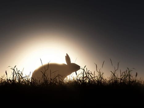 3D render of an Easter background with rabbit against sunset sky