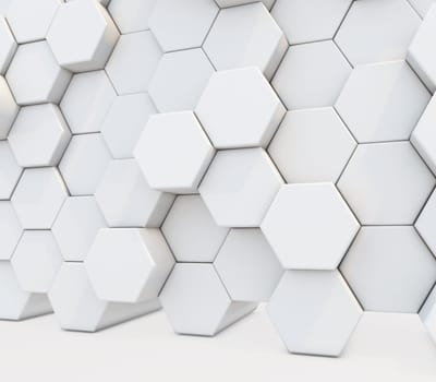 3D render of an abstract background with a wall of extruding hexagons