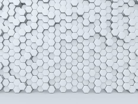 3D render of an abstract background with a wall of extruding hexagons