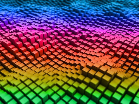 3D render of an abstract background with rainbow coloured extruding cubes