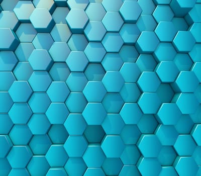 3D render of an abstract background with wall of extruding hexagons