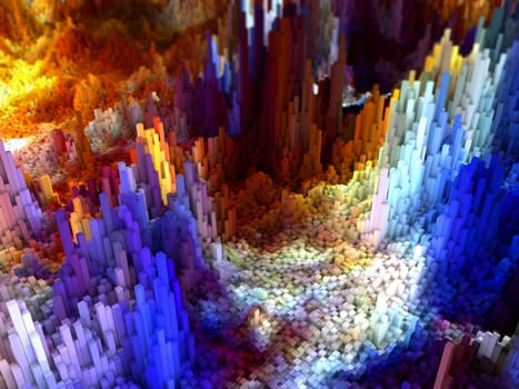 3D render of an abstract landscape of colourful extruding cubes