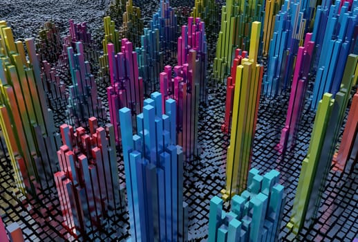 3D render of an abstract landscape of shiny cubes