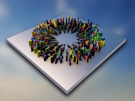 3D render of an abstract design with colourful extruding cubes