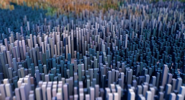 3D render of an abstract landscape of cubes with depth of field