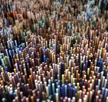 3D render of an abstract landscape of extruding spheres with shallow depth of field