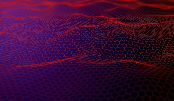 3D render of an abstract digital landscape with connecting hexagons