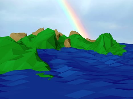 3D render of an abstract landscape with low poly design