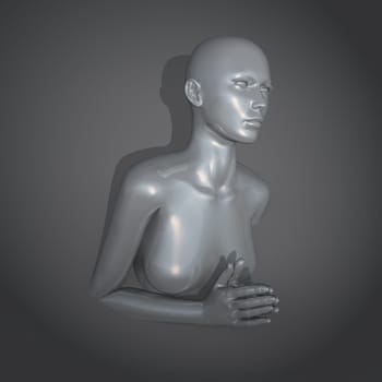 3D render of an abstract modern art background with silver female figure with hands in praying position