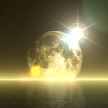 3D render of an abstract moon over ocean landscape