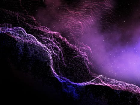 3D render of an abstract particle design on a space nebula background