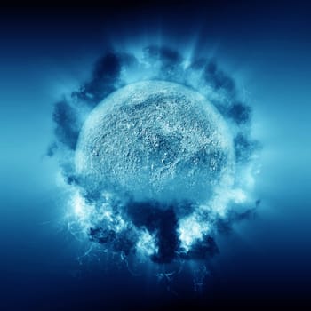 3D render of an abstract space background with fictional planet and clouds
