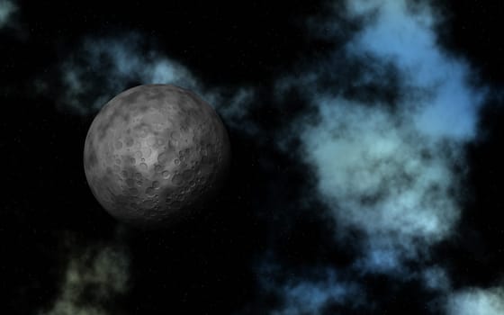 3D render of an abstract space background with fictional moon and nebula