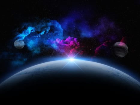3D render of an abstract space scene with fictional planets