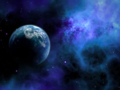 3D render of an abstract space scene with fictional planet
