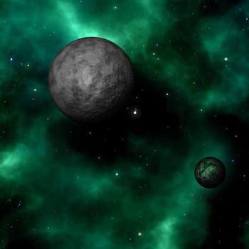 3D render of an abstract space scene with fictional planets in a nebula sky