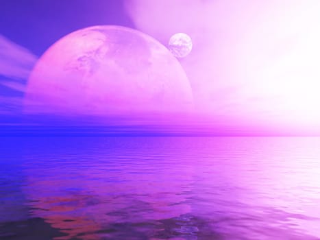 3D render of an abstract surreal landscape with planets against ocean