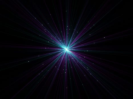 3D render of an abstract zoom effect background with exploding particles