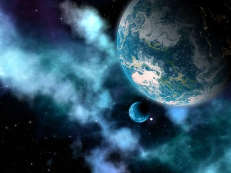 3D render of an abstract space sky with planets and nebula