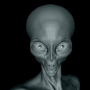 3D render of an alien face close up on a black background